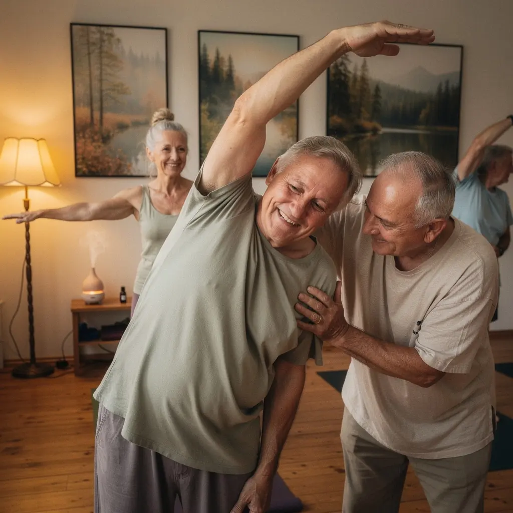 Grupa ludzi w różnym wieku ćwiczy wspólnie jogę w parku.
