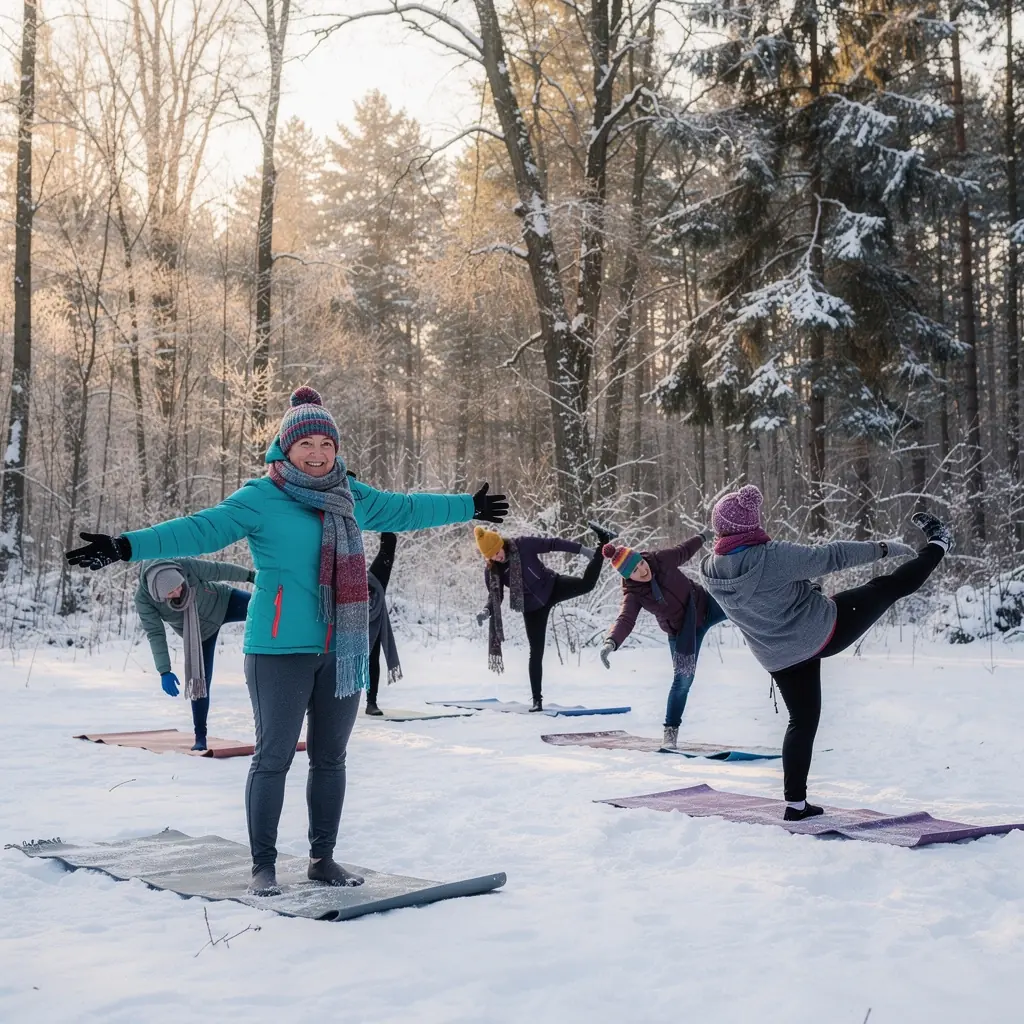 Grupa osób w różnym wieku uczestnicząca w zajęciach jogi na świeżym powietrzu, ciesząca się wspólnym treningiem.