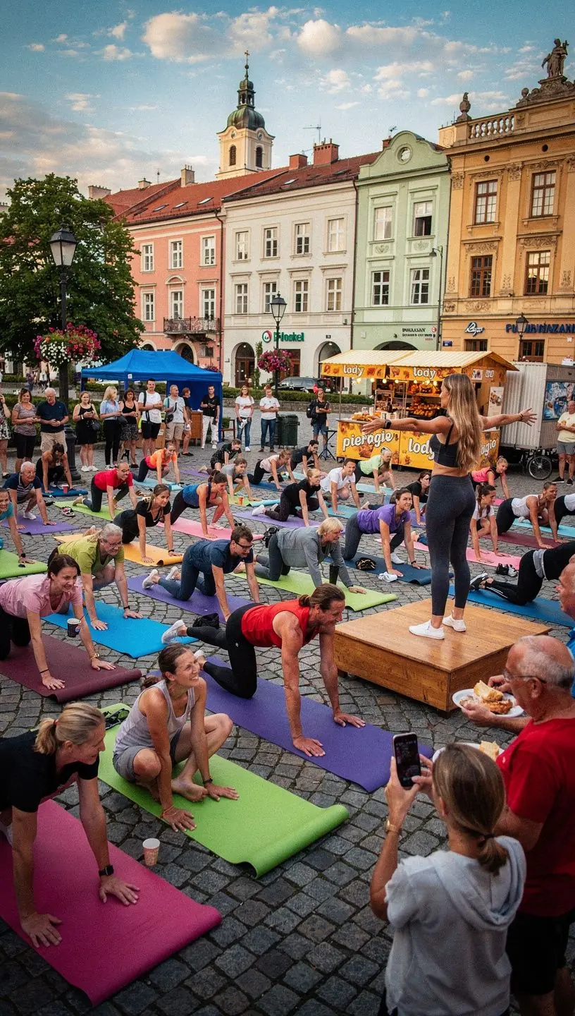 Grupa osób w różnym wieku uczestnicząca w zajęciach jogi na świeżym powietrzu, ciesząca się wspólnym treningiem.
