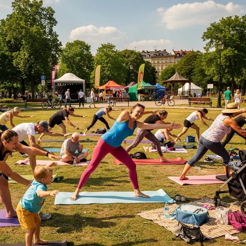 Grupa osób w różnym wieku uczestnicząca w zajęciach jogi na świeżym powietrzu, ciesząca się wspólnym treningiem.