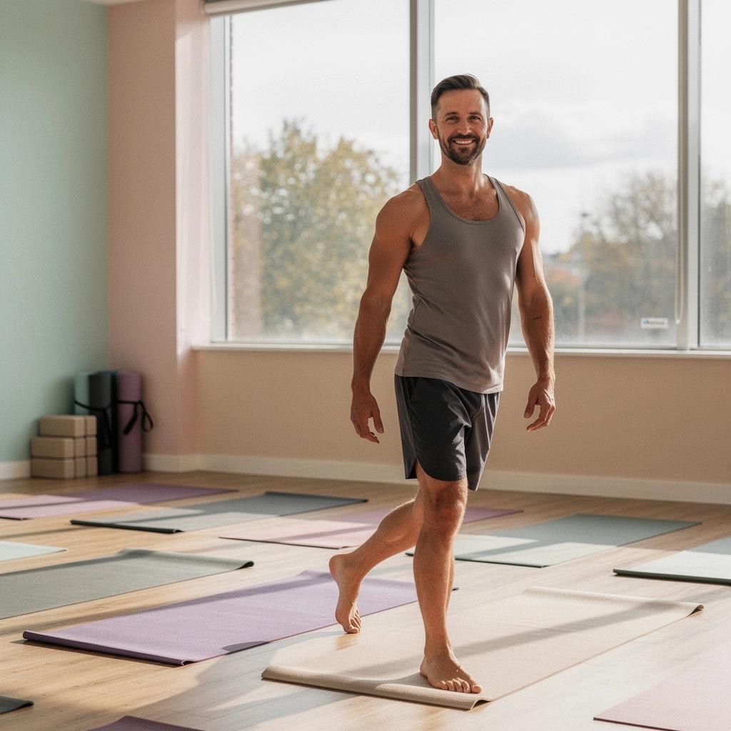 Starszy mężczyzna praktykujący jogę w spokojnym otoczeniu w lesie.