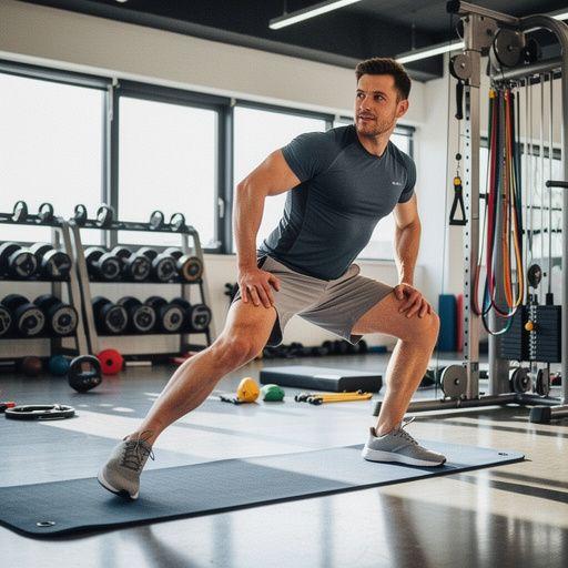 Grupa osób wykonująca wspólne ćwiczenia rozciągające w sali sportowej.